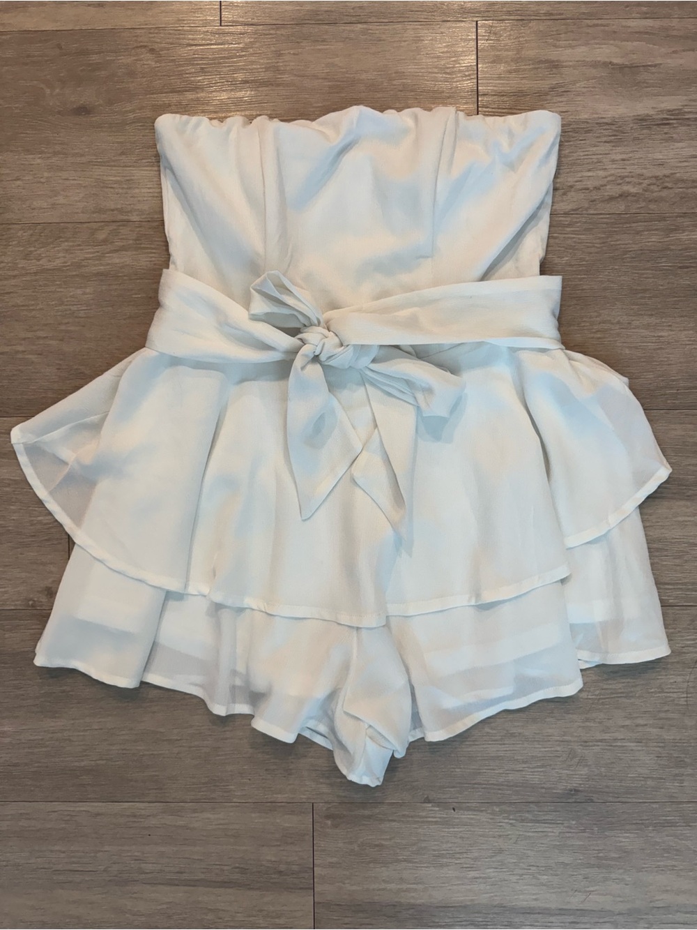 Princess Polly White Strapless Tiered Romper with Waist Tie